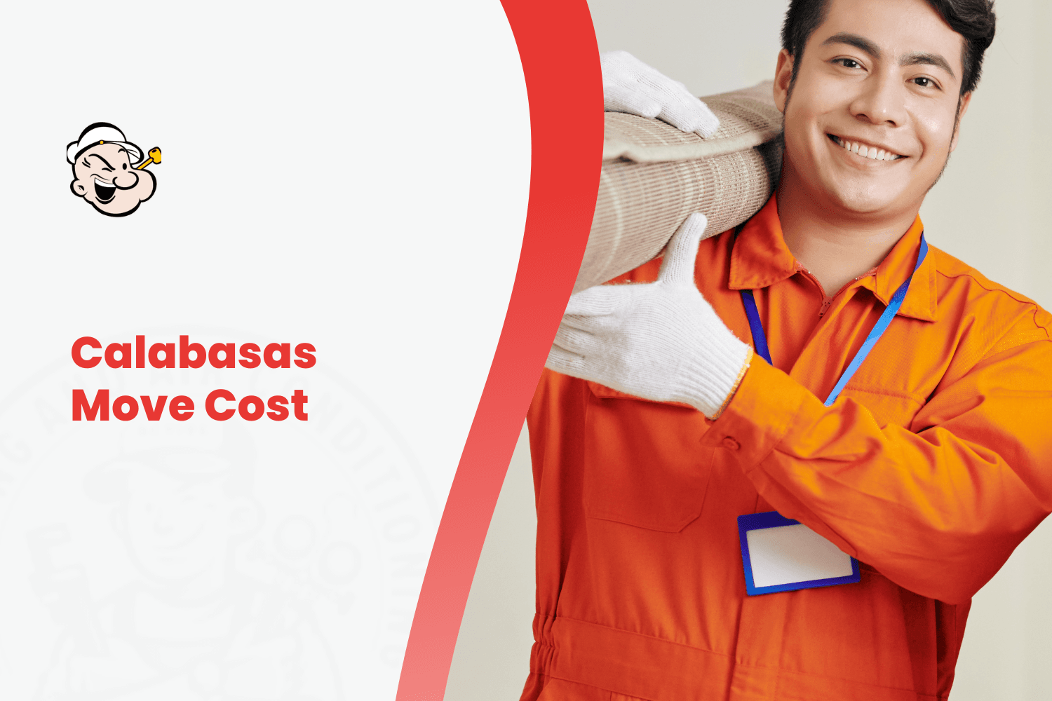 Smiling Calabasas mover in orange uniform carrying rolled carpet with gloves
