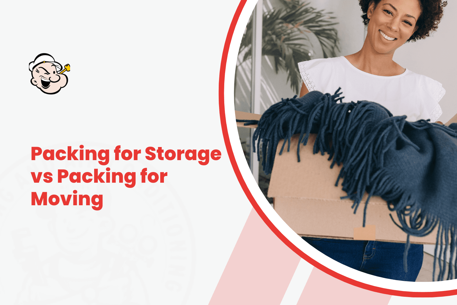 Woman smiling while packing a fringed blanket into a cardboard moving box