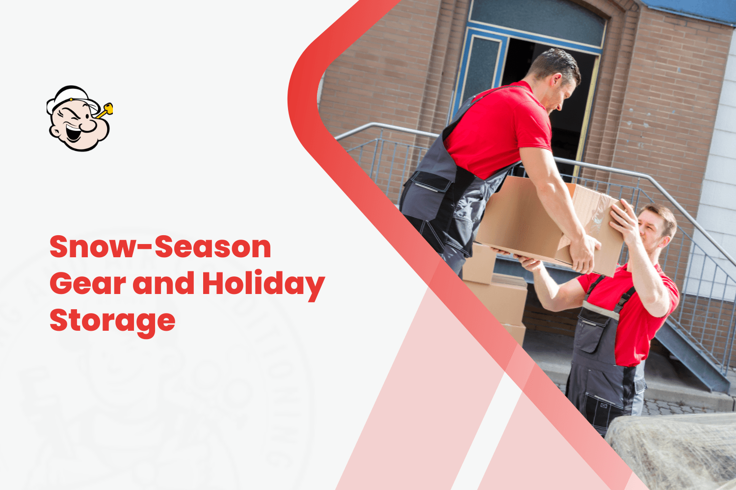Two movers in red uniforms handling cardboard boxes outside a brick building