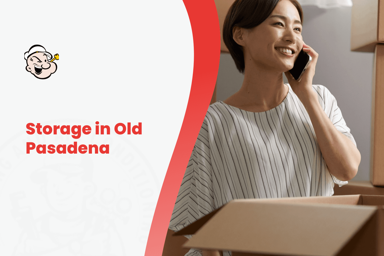 Smiling woman on phone call surrounded by cardboard moving boxes in Pasadena